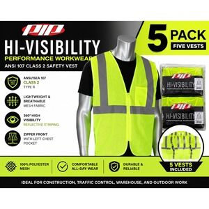 PIP Hi-Visibility Safety Vest 5 Pack ANSI Class 2‎ Mesh Zipper Front Yellow L/XL
